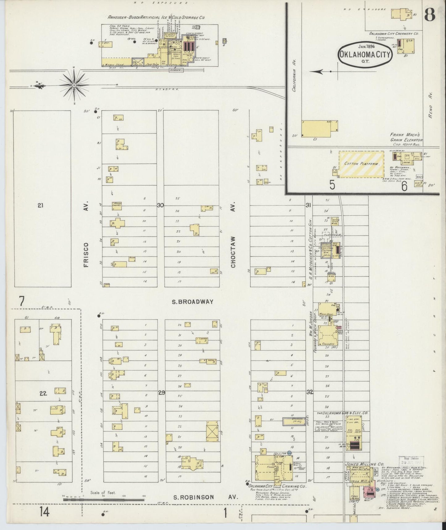 Sanborn Fire Insurance Map from Oklahoma City, Oklahoma County, Oklahoma (1896), Sheet #0008 - Complete Map Set gallery image, historic Sanborn map, vintage wall art, Oklahoma City Oklahoma