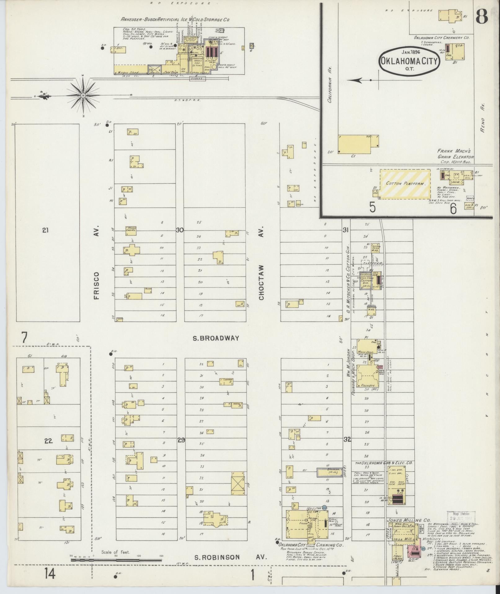 Sanborn Fire Insurance Map from Oklahoma City, Oklahoma County, Oklahoma (1896), Sheet #0008 - Complete Map Set gallery image, historic Sanborn map, vintage wall art, Oklahoma City Oklahoma