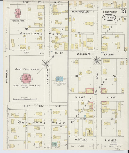Sanborn Fire Insurance Map from Alpena, Alpena County, Michigan (1890), Sheet #0013 - Historic Sanborn Fire Insurance Map Print, vintage old map wall art, antique decor, genealogy gift, Michigan Michigan map