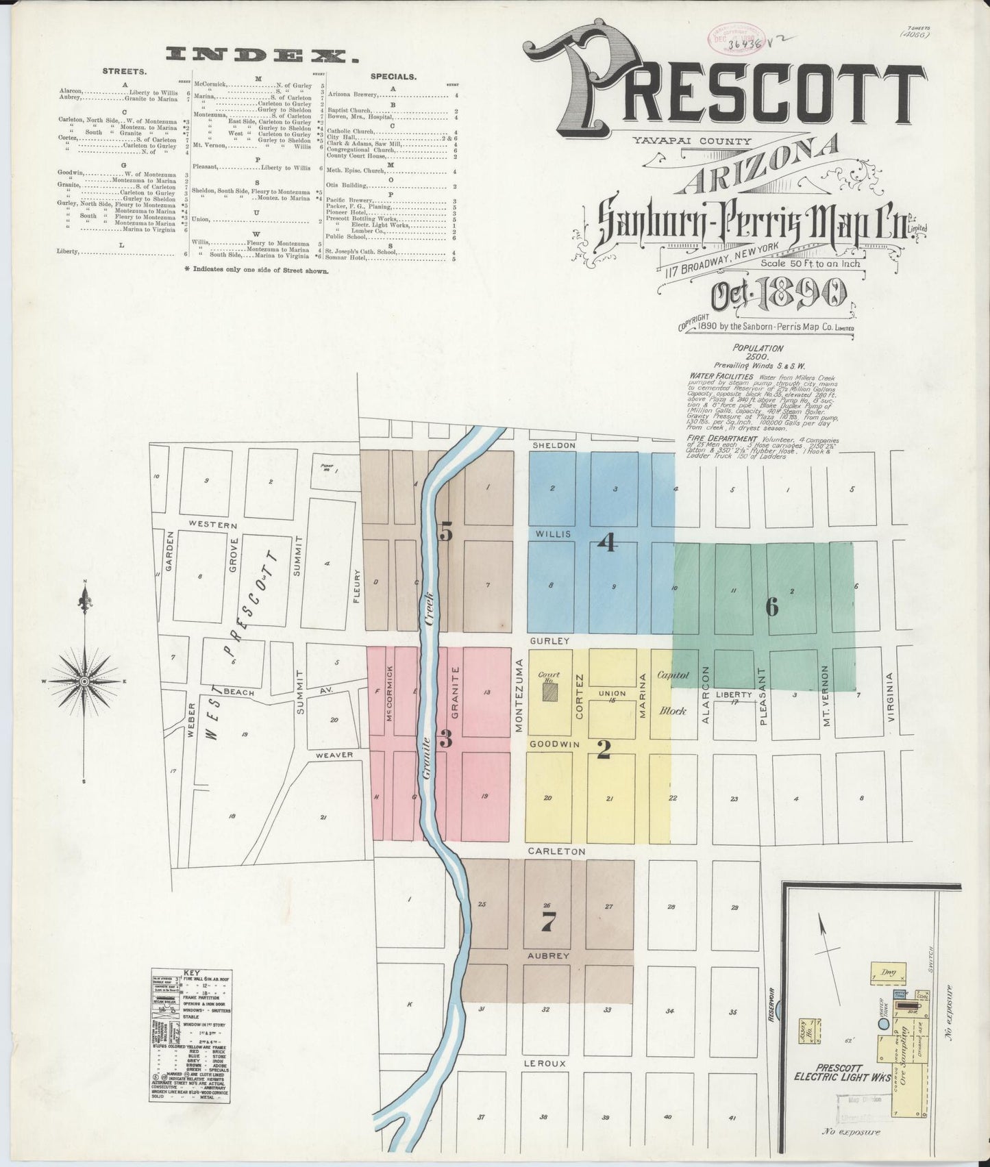 Sanborn Fire Insurance Map from Prescott, Yavapai County, Arizona (1890), Sheet #0001 - Historic Sanborn Fire Insurance Map Print, vintage old map wall art, antique decor, genealogy gift, Arizona Arizona map