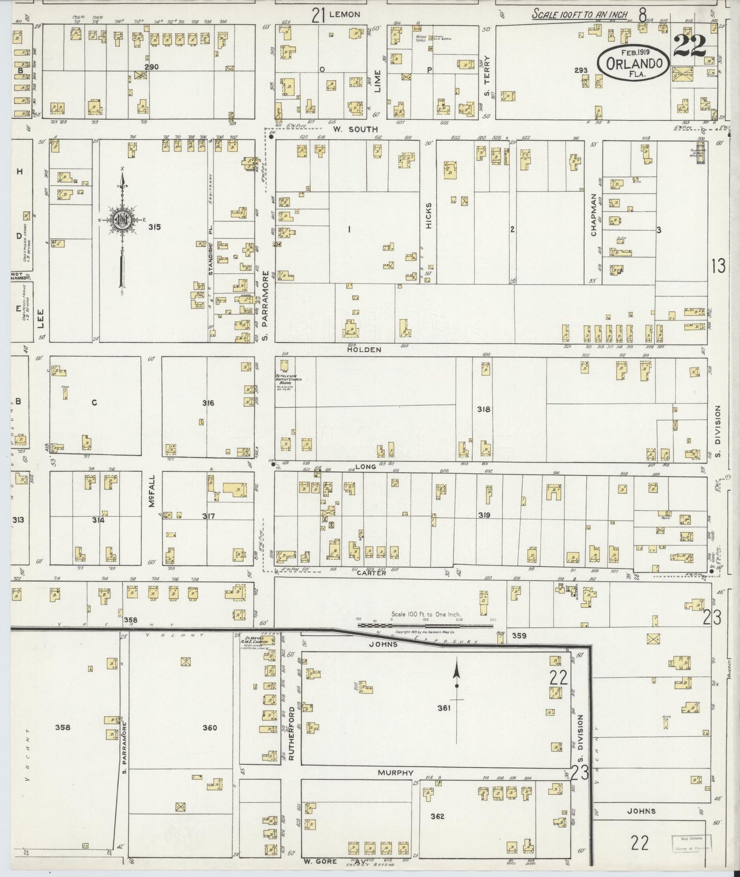 Sanborn Fire Insurance Map from Orlando, Orange County, Florida (1919), Sheet #0022 - Historic Sanborn Fire Insurance Map Print, vintage old map wall art, antique decor, genealogy gift, Florida Florida map