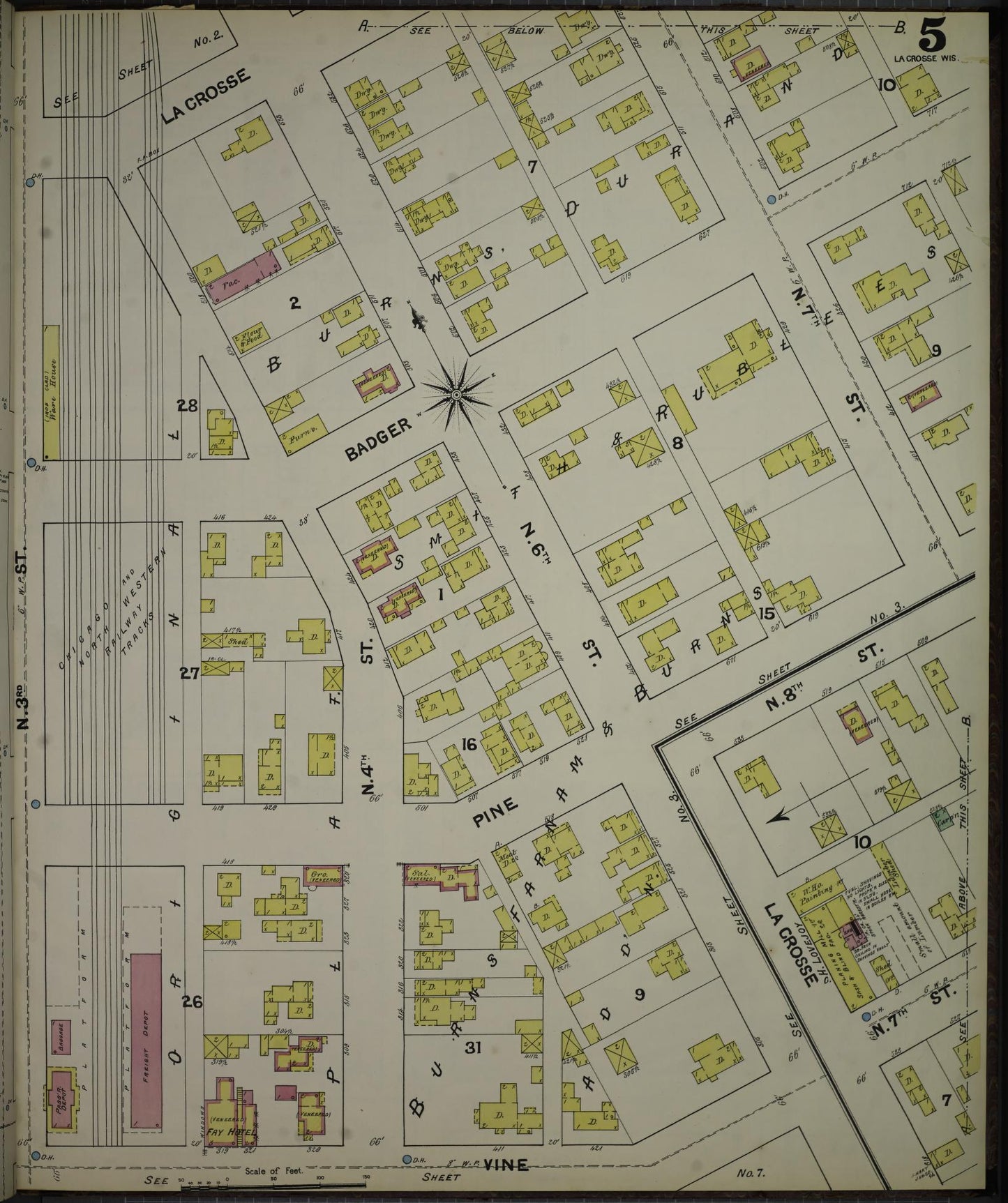 Sanborn Fire Insurance Map from La Crosse, La Crosse County, Wisconsin (1891), Sheet #0005 - Historic Sanborn Fire Insurance Map Print, vintage old map wall art, antique decor, genealogy gift, Wisconsin Wisconsin map