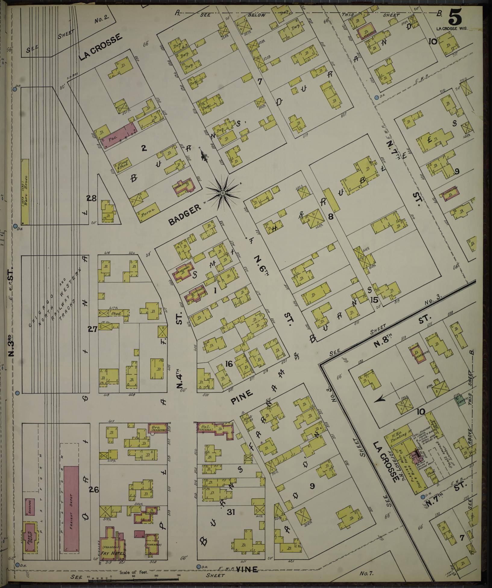Sanborn Fire Insurance Map from La Crosse, La Crosse County, Wisconsin (1891), Sheet #0005 - Historic Sanborn Fire Insurance Map Print, vintage old map wall art, antique decor, genealogy gift, Wisconsin Wisconsin map