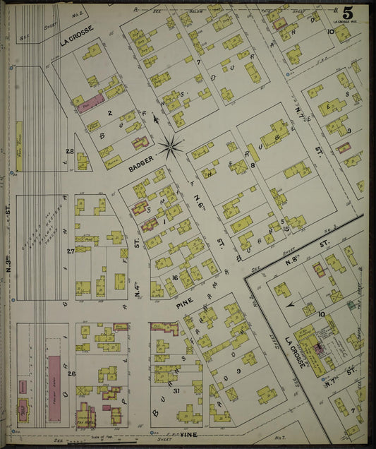 Sanborn Fire Insurance Map from La Crosse, La Crosse County, Wisconsin (1891), Sheet #0005 - Historic Sanborn Fire Insurance Map Print, vintage old map wall art, antique decor, genealogy gift, Wisconsin Wisconsin map
