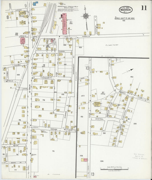Sanborn Fire Insurance Map from Warren, Bristol County, Rhode Island (1920), Sheet #0011 - Historic Sanborn Fire Insurance Map Print, vintage old map wall art, antique decor, genealogy gift, Rhode Island Rhode Island map