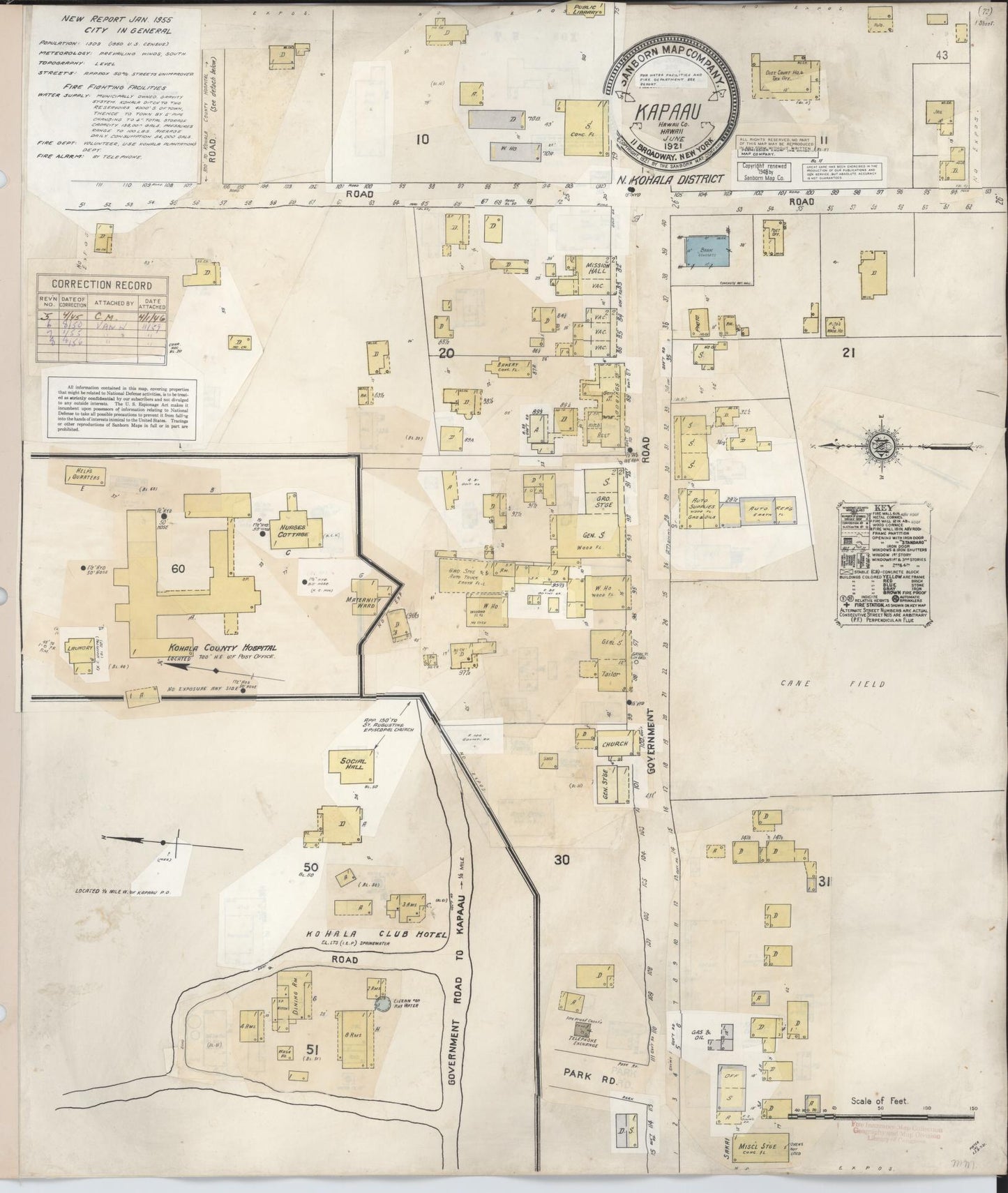 Sanborn Fire Insurance Map from Kapaau, Hawaii County, Hawaii (1956), Sheet #0001 - Historic Sanborn Fire Insurance Map Print, vintage old map wall art, antique decor, genealogy gift, Kapaau Hawaii map