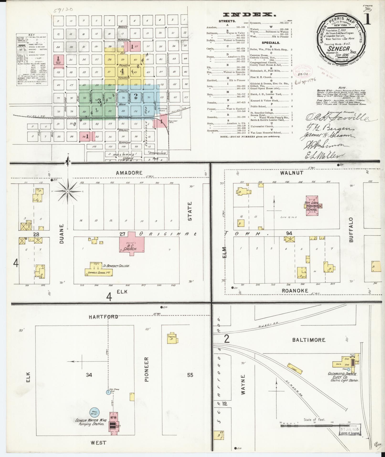Sanborn Fire Insurance Map from Seneca, Nemaha County, Kansas (1896), Sheet #0001 - Historic Sanborn Fire Insurance Map Print, vintage old map wall art, antique decor, genealogy gift, Kansas Kansas map