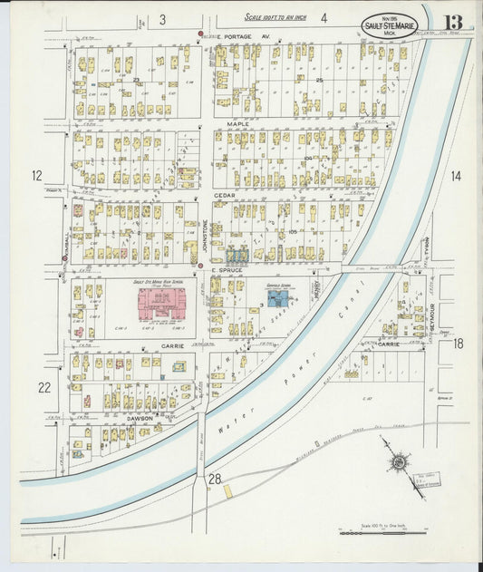 Sanborn Fire Insurance Map from Sault Sainte Marie, Chippewa County, Michigan (1915), Sheet #0013 - Historic Sanborn Fire Insurance Map Print, vintage old map wall art, antique decor, genealogy gift, Michigan Michigan map