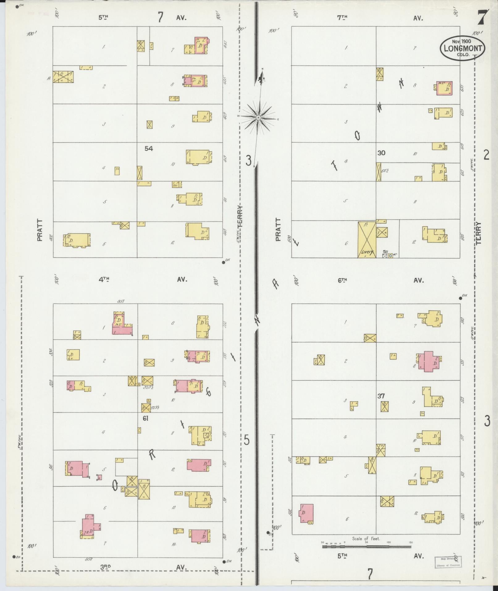 Sanborn Fire Insurance Map from Longmont, Boulder County, Colorado (1900), Sheet #0007 - Historic Sanborn Fire Insurance Map Print, vintage old map wall art, antique decor, genealogy gift, Colorado Colorado map