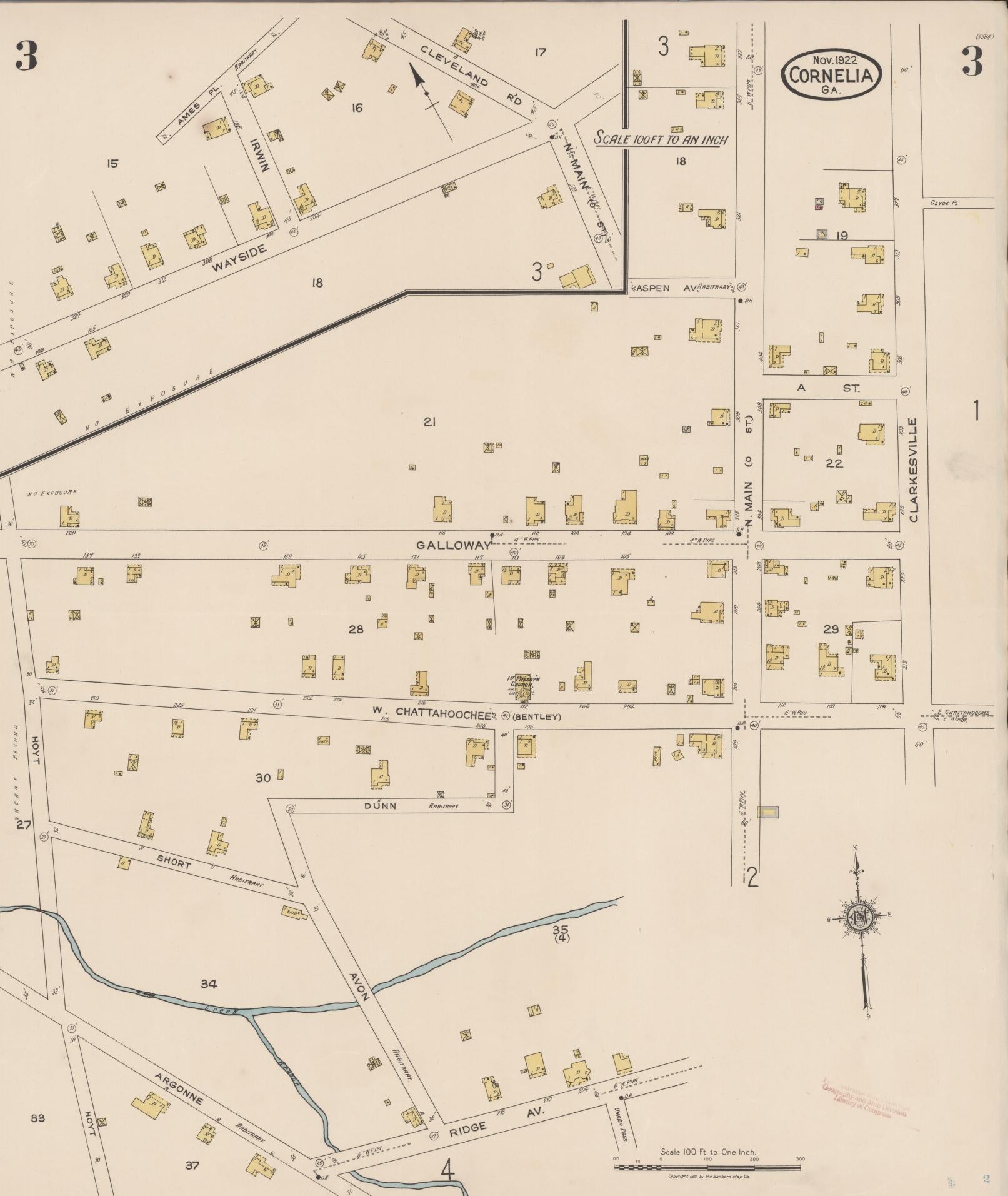 Sanborn Fire Insurance Map from Cornelia, Habersbam County, Georgia (1922), Sheet #0003 - Complete Map Set gallery image, historic Sanborn map, vintage wall art, Georgia Georgia