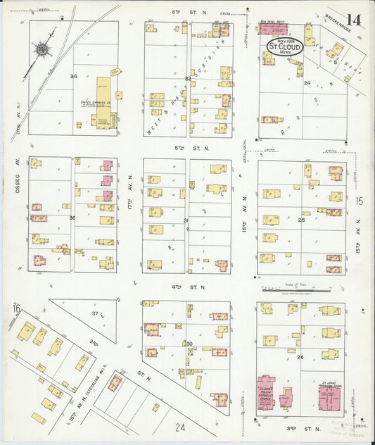 Sanborn Fire Insurance Map from Saint Cloud, Stearns, Benton, and Sherburne Counties, Minnesota (1919), Sheet #0014 - Historic Sanborn Fire Insurance Map Print, vintage old map wall art, antique decor, genealogy gift, Minnesota Minnesota map