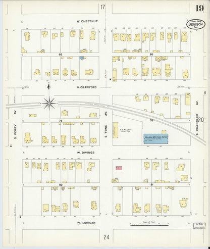 Sanborn Fire Insurance Map from Denison, Grayson County, Texas (1908), Sheet #0019 - Historic Sanborn Fire Insurance Map Print, vintage old map wall art, antique decor, genealogy gift, Texas Texas map