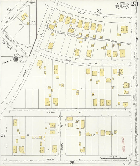 Sanborn Fire Insurance Map from Burlingame, San Mateo County, California (1921), Sheet #0023 - Historic Sanborn Fire Insurance Map Print, vintage old map wall art, antique decor, genealogy gift, California California map