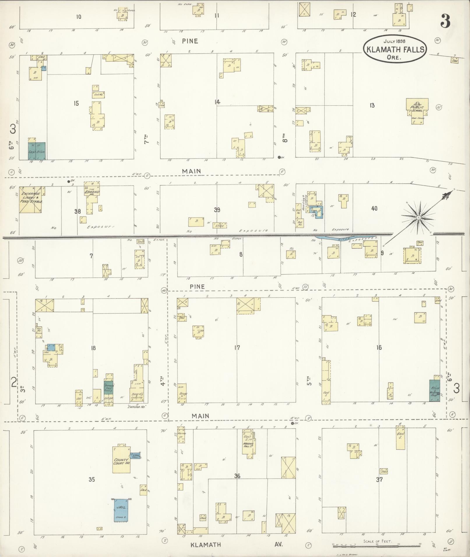 Sanborn Fire Insurance Map from Klamath Falls, Klamath County, Oregon (1898), Sheet #0003 - Historic Sanborn Fire Insurance Map Print, vintage old map wall art, antique decor, genealogy gift, Oregon Oregon map
