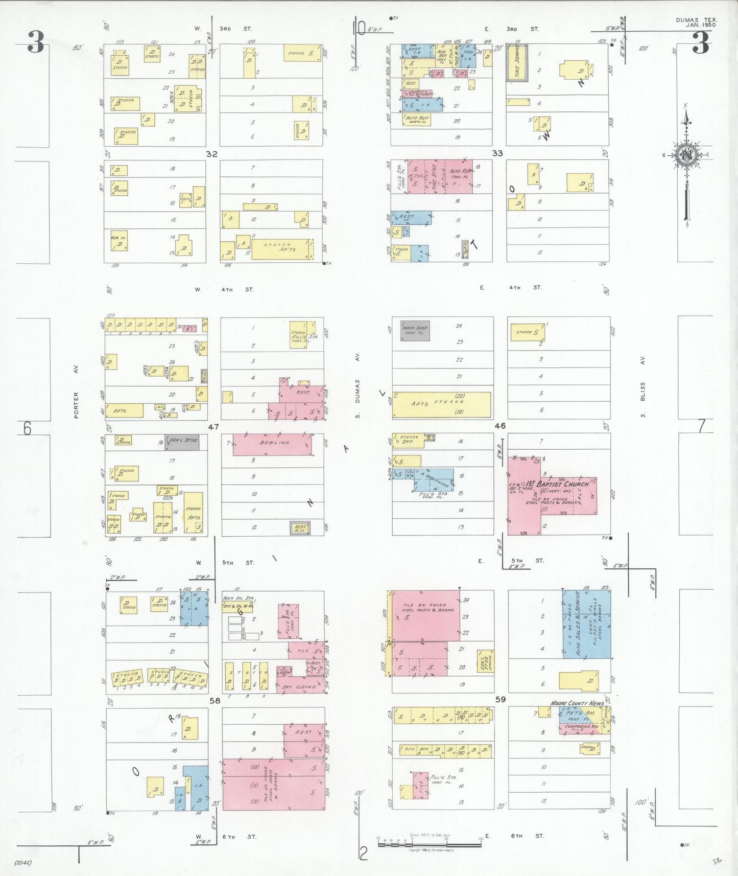 Sanborn Fire Insurance Map from Dumas, Moore County, Texas (1950), Sheet #0003 - Complete Map Set gallery image, historic Sanborn map, vintage wall art, Texas Texas