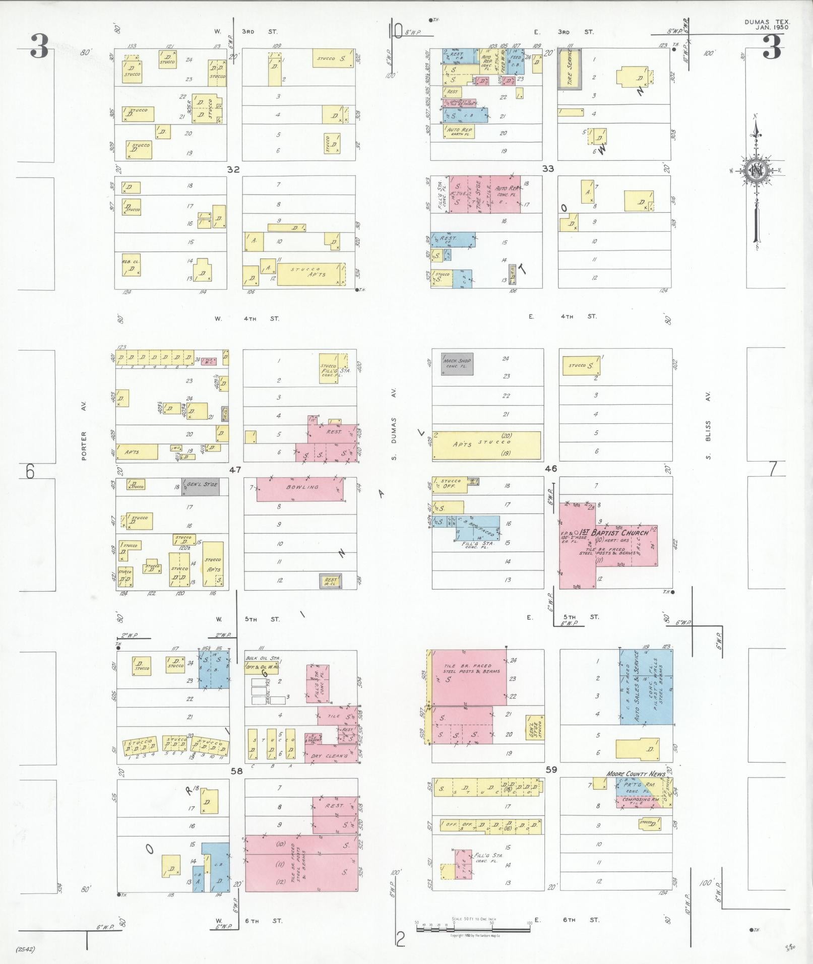 Sanborn Fire Insurance Map from Dumas, Moore County, Texas (1950), Sheet #0003 - Complete Map Set gallery image, historic Sanborn map, vintage wall art, Texas Texas
