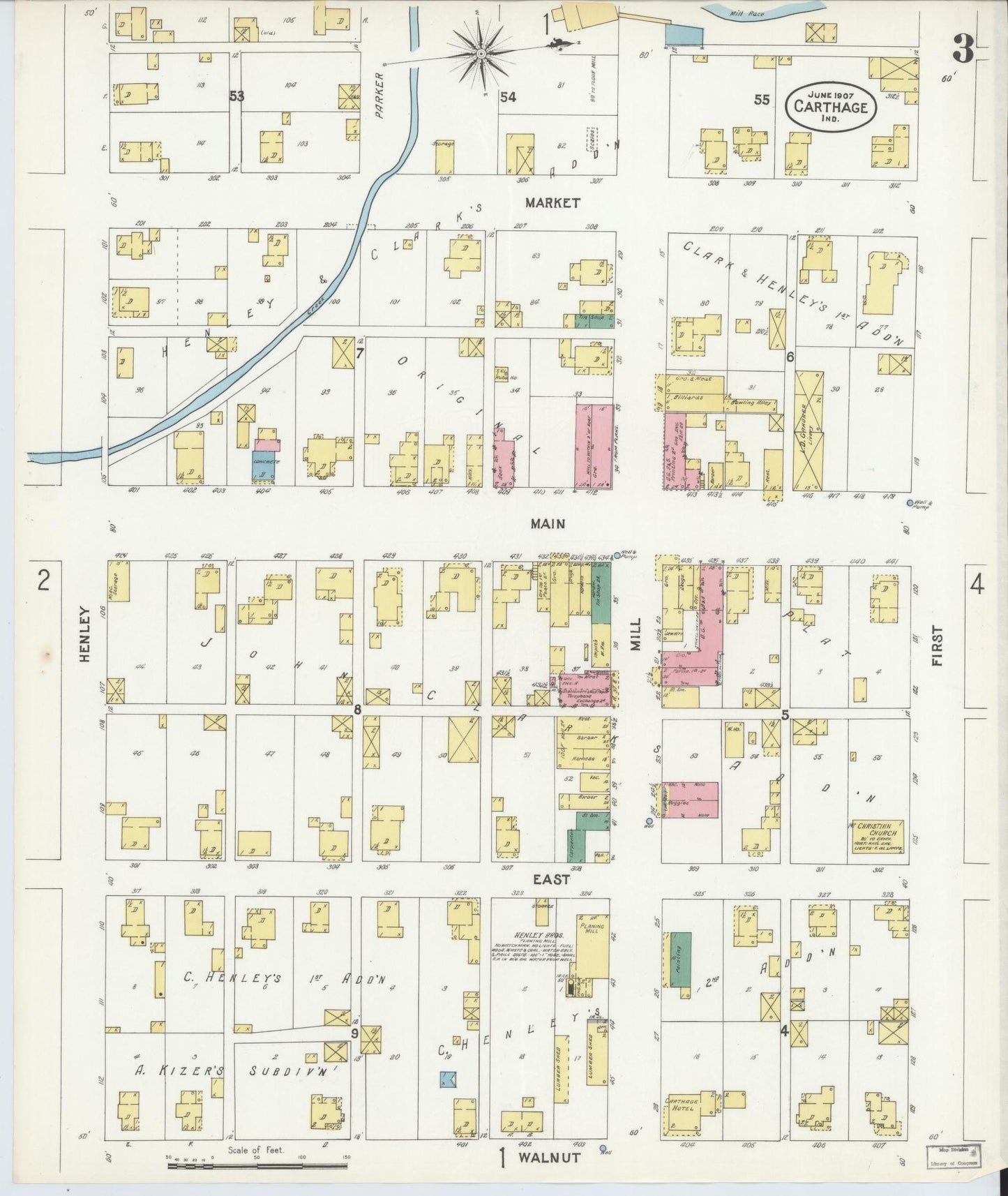 Sanborn Fire Insurance Map from Carthage, Rush County, Indiana (1907), Sheet #0003 - Complete Map Set gallery image, historic Sanborn map, vintage wall art, Indiana Indiana
