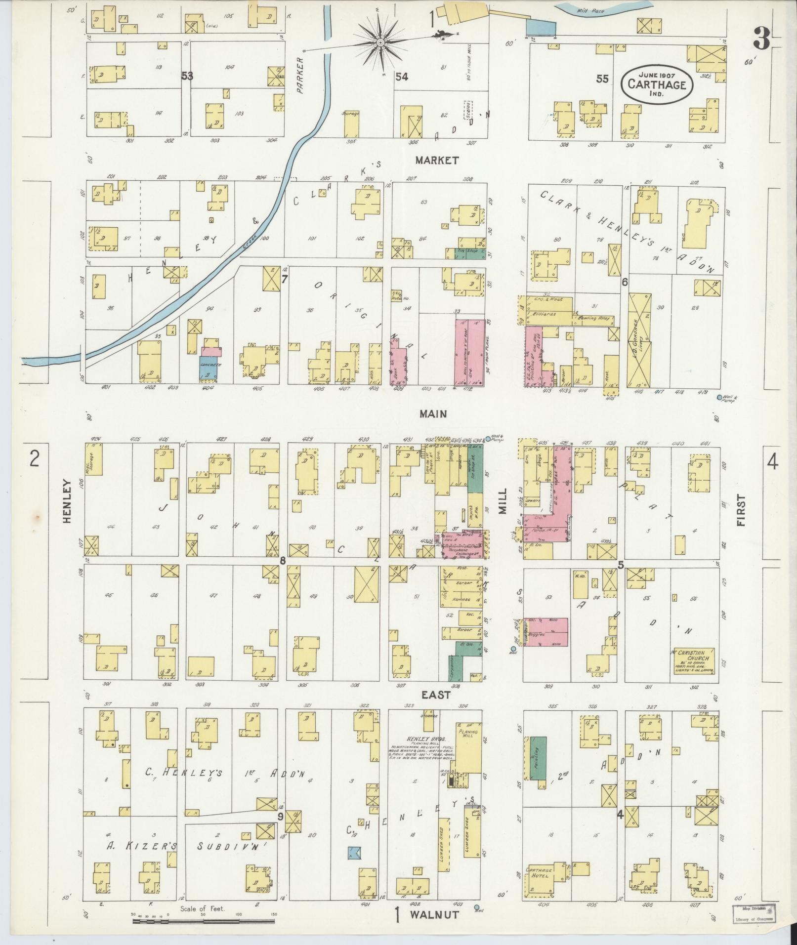Sanborn Fire Insurance Map from Carthage, Rush County, Indiana (1907), Sheet #0003 - Complete Map Set gallery image, historic Sanborn map, vintage wall art, Indiana Indiana