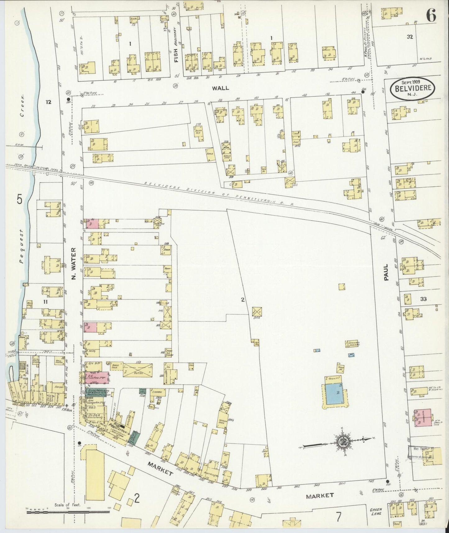 Sanborn Fire Insurance Map from Belvidere, Warren County, New Jersey (1909), Sheet #0006 - Historic Sanborn Fire Insurance Map Print, vintage old map wall art, antique decor, genealogy gift, Pennsylvania Pennsylvania map