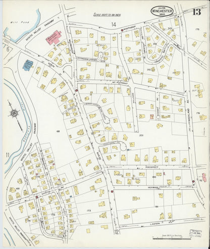 Sanborn Fire Insurance Map from Winchester, Middlesex County, Massachusetts (1916), Sheet #0013 - Historic Sanborn Fire Insurance Map Print, vintage old map wall art, antique decor, genealogy gift, Massachusetts Massachusetts map