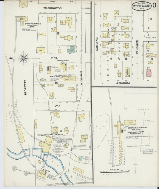 Sanborn Fire Insurance Map from Mount Pleasant, Isabella County, Michigan (1890), Sheet #0003 - Historic Sanborn Fire Insurance Map Print, vintage old map wall art, antique decor, genealogy gift, Michigan Michigan map