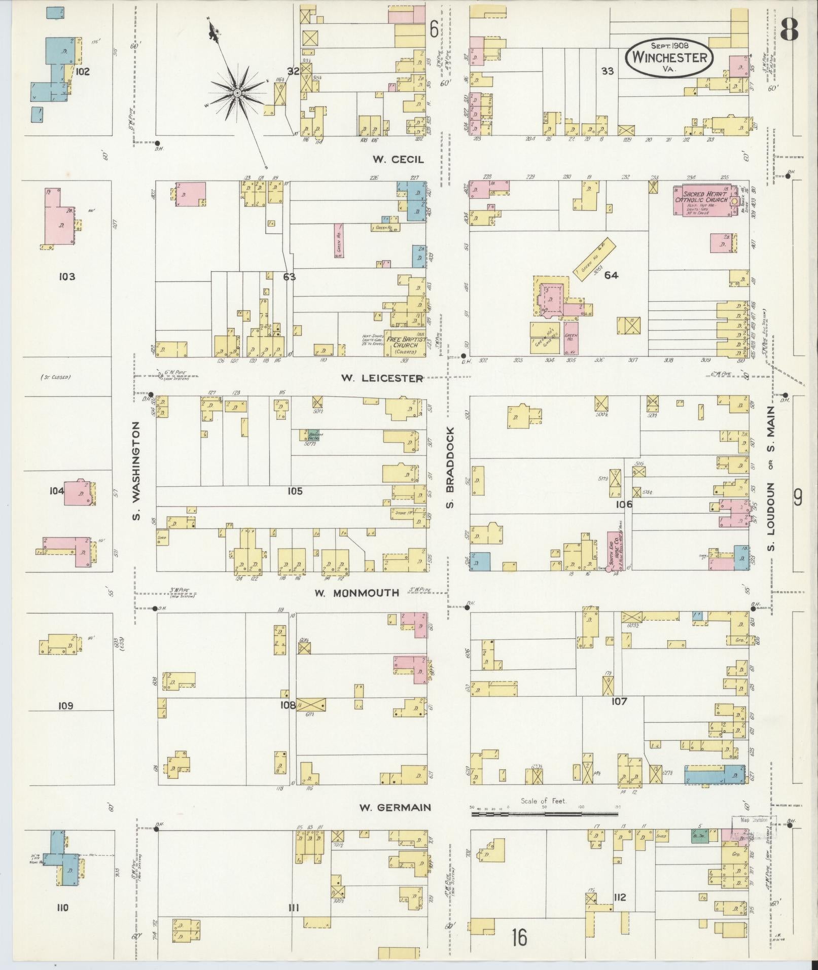 Sanborn Fire Insurance Map from Winchester, Independent Cities, Virginia (1908), Sheet #0008 - Complete Map Set gallery image, historic Sanborn map, vintage wall art, Virginia Virginia