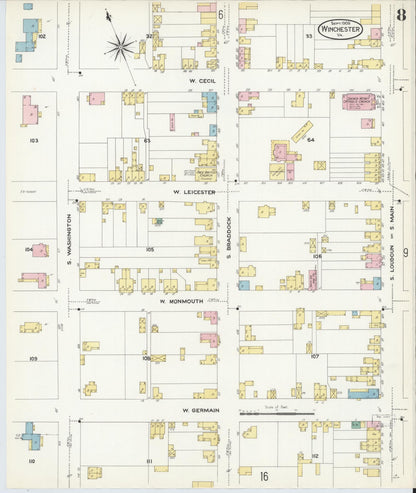 Sanborn Fire Insurance Map from Winchester, Independent Cities, Virginia (1908), Sheet #0008 - Complete Map Set gallery image, historic Sanborn map, vintage wall art, Virginia Virginia