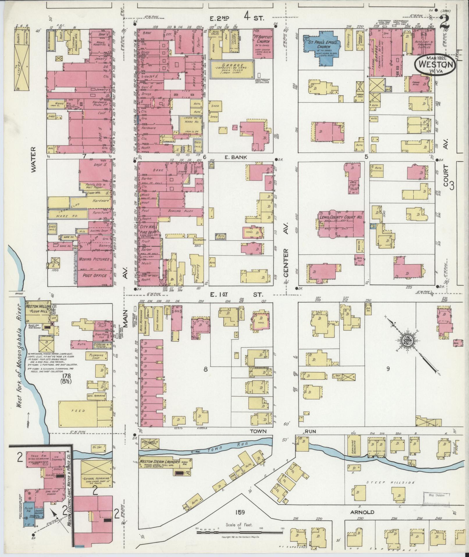 Sanborn Fire Insurance Map from Weston, Lewis County, West Virginia (1921), Sheet #0002 - Historic Sanborn Fire Insurance Map Print, vintage old map wall art, antique decor, genealogy gift, West Virginia West Virginia map