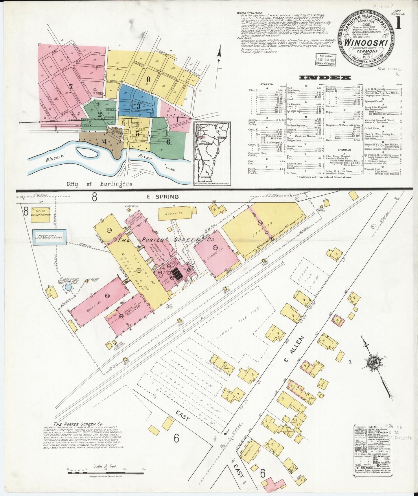 Sanborn Fire Insurance Map from Winooski, Chittenden County, Vermont (1919), Sheet #0001 - Complete Map Set gallery image, historic Sanborn map, vintage wall art, Vermont Vermont