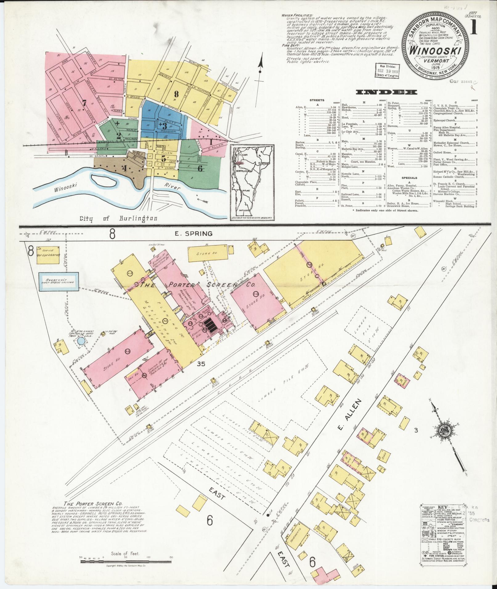 Sanborn Fire Insurance Map from Winooski, Chittenden County, Vermont (1919), Sheet #0001 - Complete Map Set gallery image, historic Sanborn map, vintage wall art, Vermont Vermont