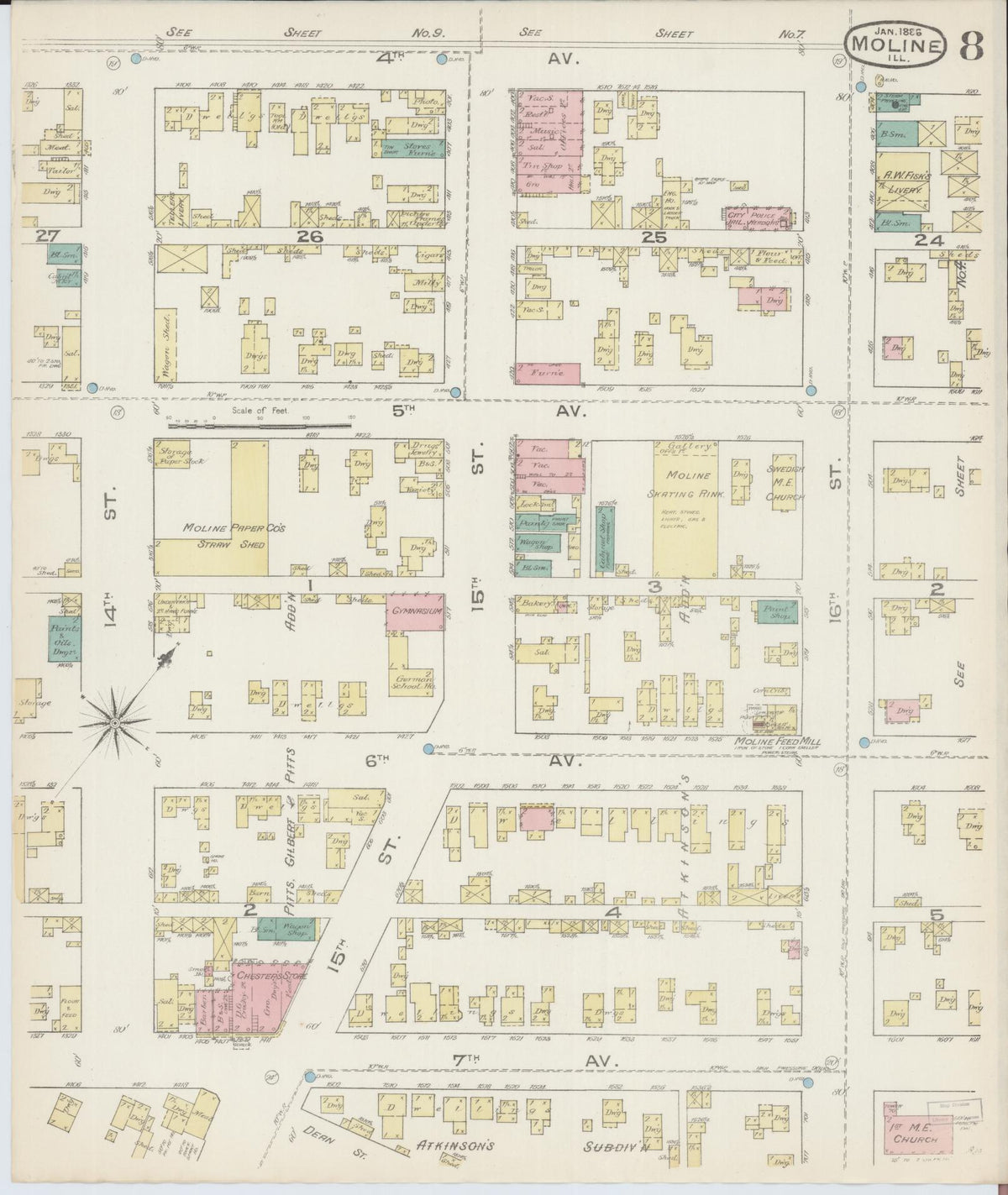 Sanborn Fire Insurance Map from Moline, Rock Island County, Illinois (1886), Sheet #0008 - Historic Sanborn Fire Insurance Map Print, vintage old map wall art, antique decor, genealogy gift, Illinois Illinois map