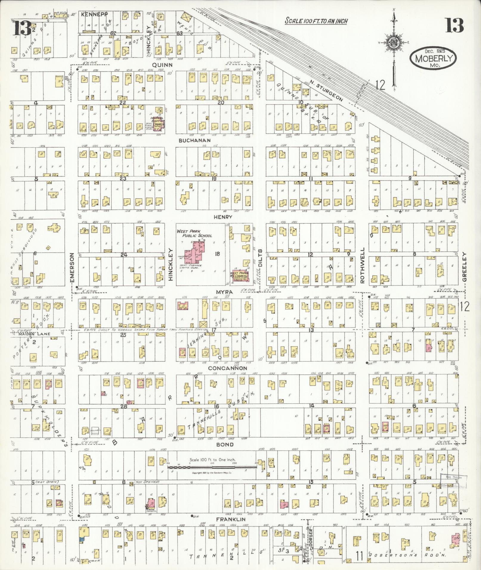 Sanborn Fire Insurance Map from Moberly, Randolph County, Missouri (1923), Sheet #0013 - Complete Map Set gallery image, historic Sanborn map, vintage wall art, Missouri Missouri
