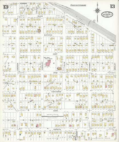 Sanborn Fire Insurance Map from Moberly, Randolph County, Missouri (1923), Sheet #0013 - Complete Map Set gallery image, historic Sanborn map, vintage wall art, Missouri Missouri