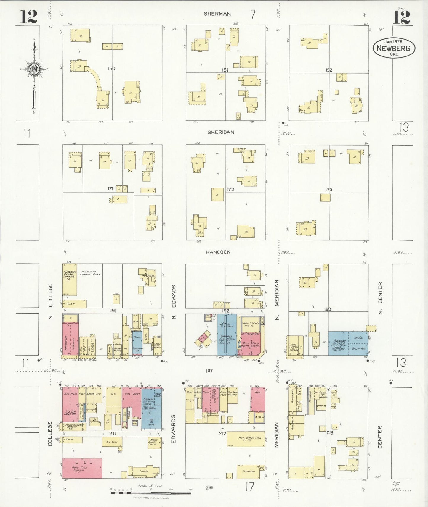 Sanborn Fire Insurance Map from Newberg, Yamhill County, Oregon (1929), Sheet #0012 - Complete Map Set gallery image, historic Sanborn map, vintage wall art, Oregon Oregon