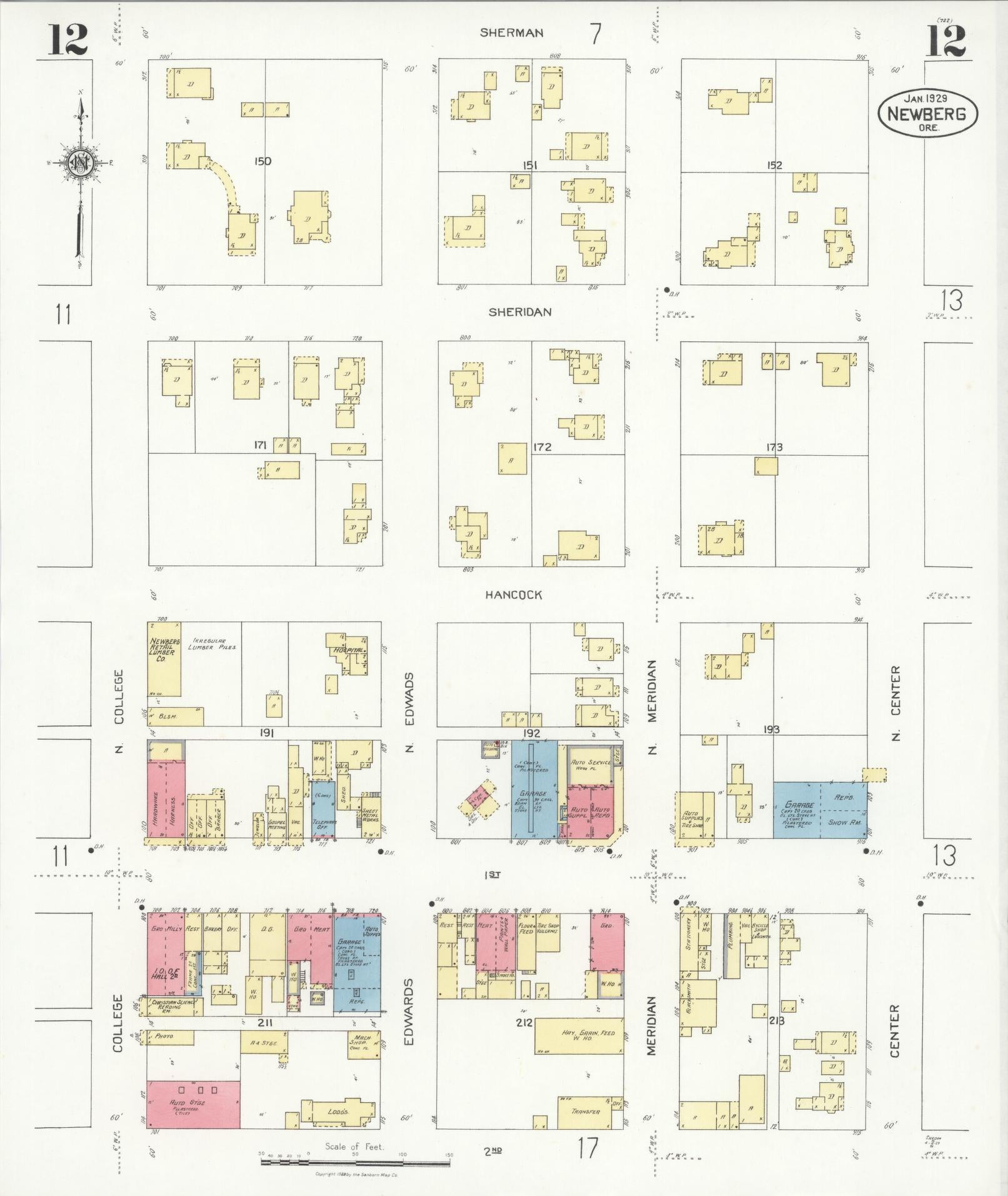 Sanborn Fire Insurance Map from Newberg, Yamhill County, Oregon (1929), Sheet #0012 - Complete Map Set gallery image, historic Sanborn map, vintage wall art, Oregon Oregon