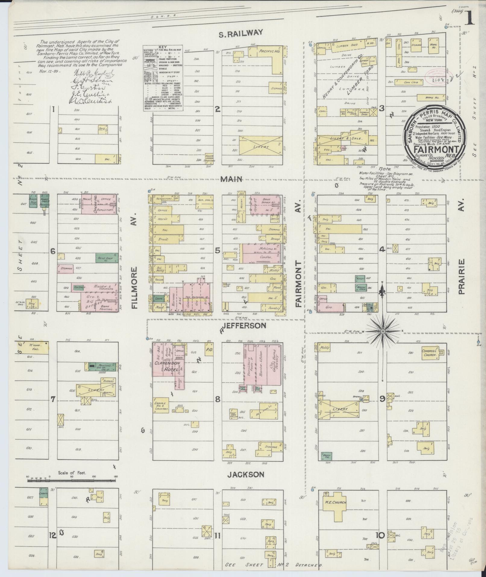 Sanborn Fire Insurance Map from Fairmont, Fillmore County, Nebraska (1889), Sheet #0001 - Complete Map Set gallery image, historic Sanborn map, vintage wall art, Nebraska Nebraska
