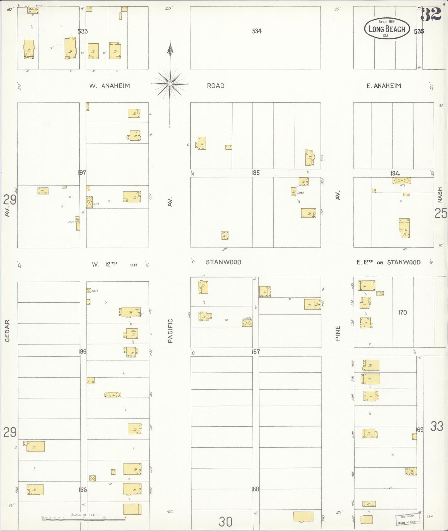 Sanborn Fire Insurance Map from Long Beach, Los Angeles County, California (1905), Sheet #0032 - Historic Sanborn Fire Insurance Map Print, vintage old map wall art, antique decor, genealogy gift, California California map