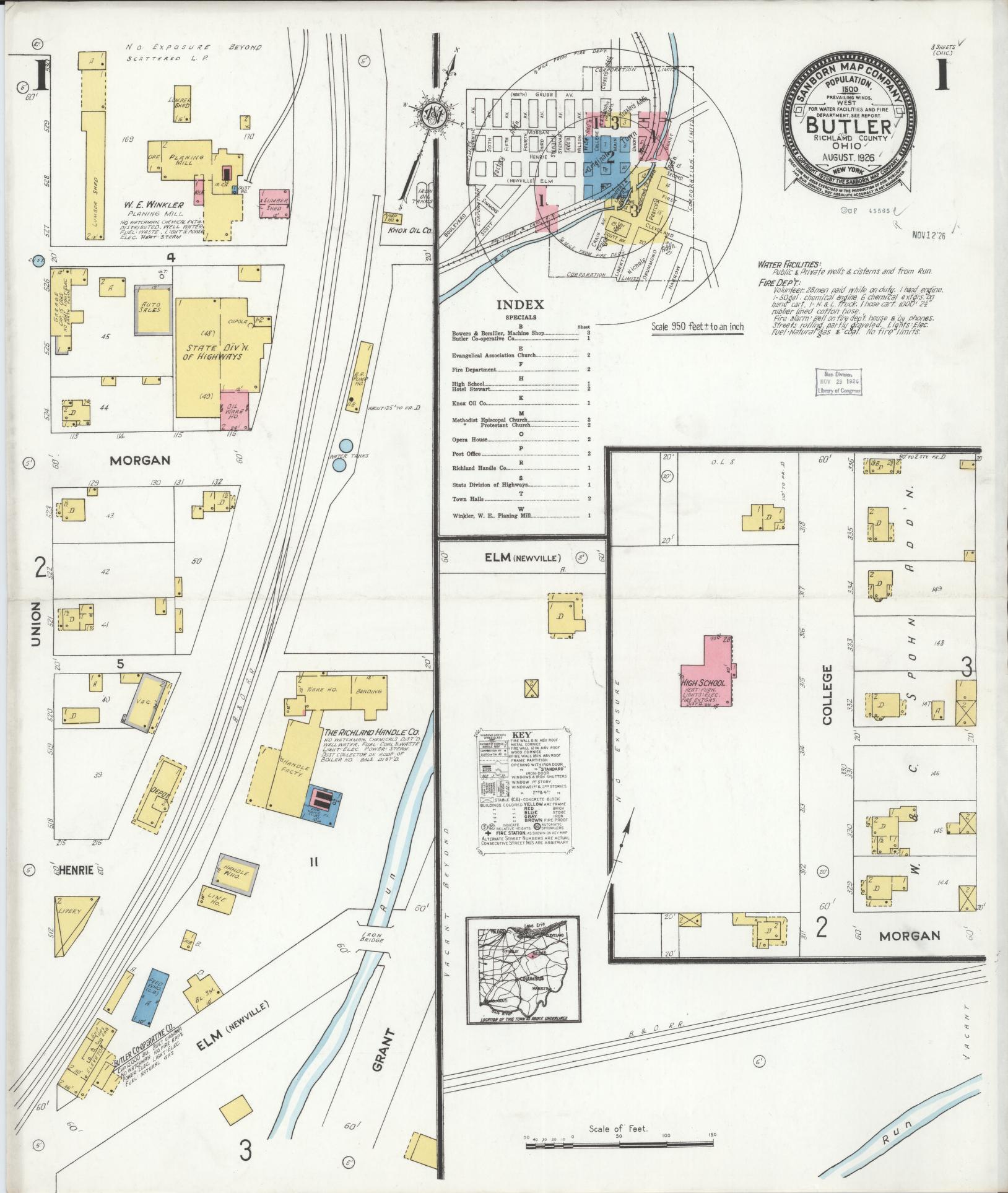 Sanborn Fire Insurance Map from Butler, Richland County, Ohio (1926), Sheet #0001 - Historic Sanborn Fire Insurance Map Print, vintage old map wall art, antique decor, genealogy gift, Ohio Ohio map