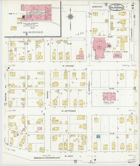 Sanborn Fire Insurance Map from Valparaiso, Porter County, Indiana (1910), Sheet #0007 - Historic Sanborn Fire Insurance Map Print, vintage old map wall art, antique decor, genealogy gift, Indiana Indiana map