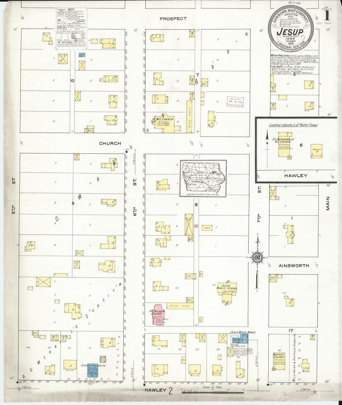 Sanborn Fire Insurance Map from Jesup, Buchanan County, Iowa (1915), Sheet #0001 - Historic Sanborn Fire Insurance Map Print, vintage old map wall art