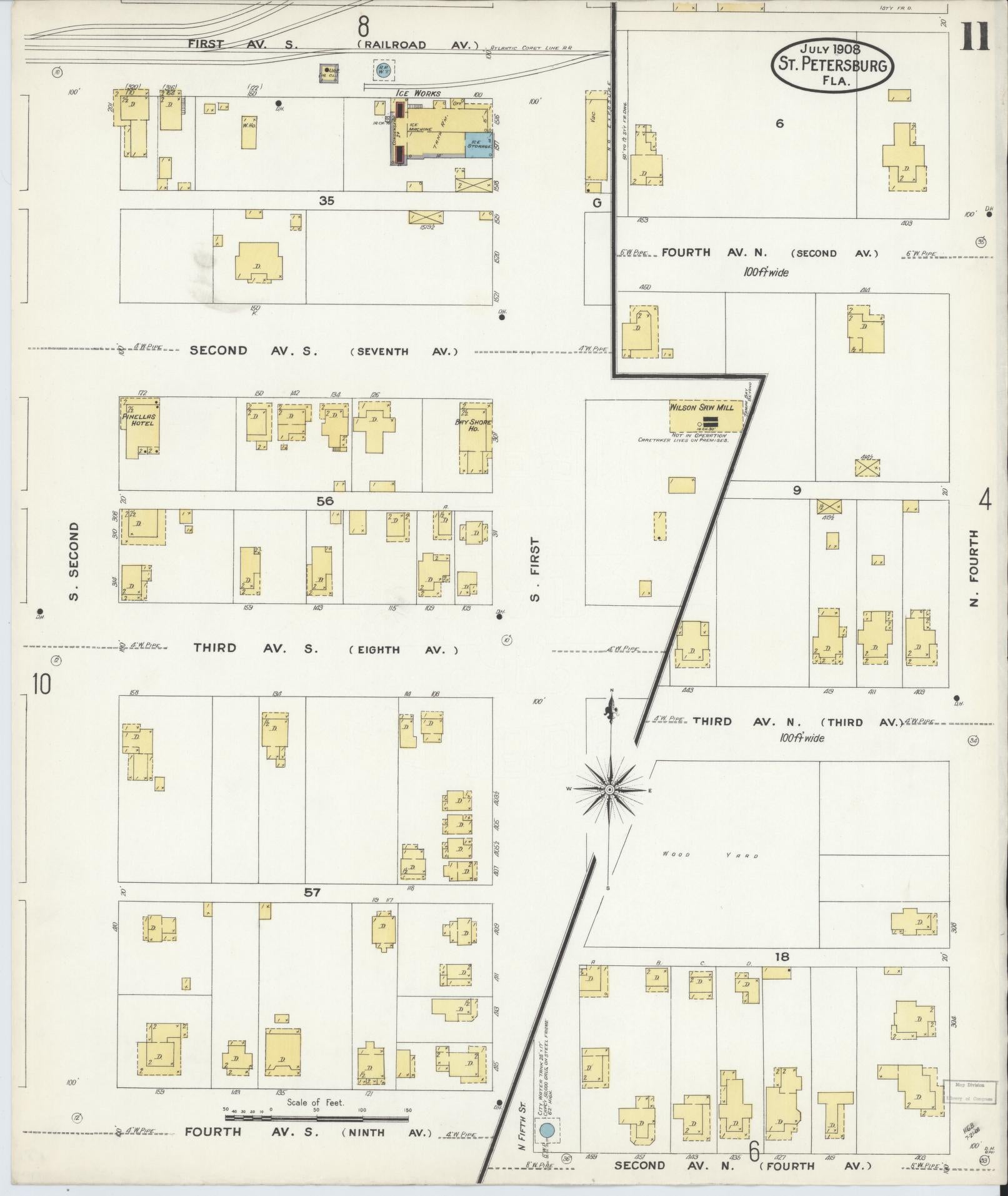 Sanborn Fire Insurance Map from Saint Petersburg, Pinellas County, Florida (1908), Sheet #0011 - Historic Sanborn Fire Insurance Map Print, vintage old map wall art, antique decor, genealogy gift, Florida Florida map