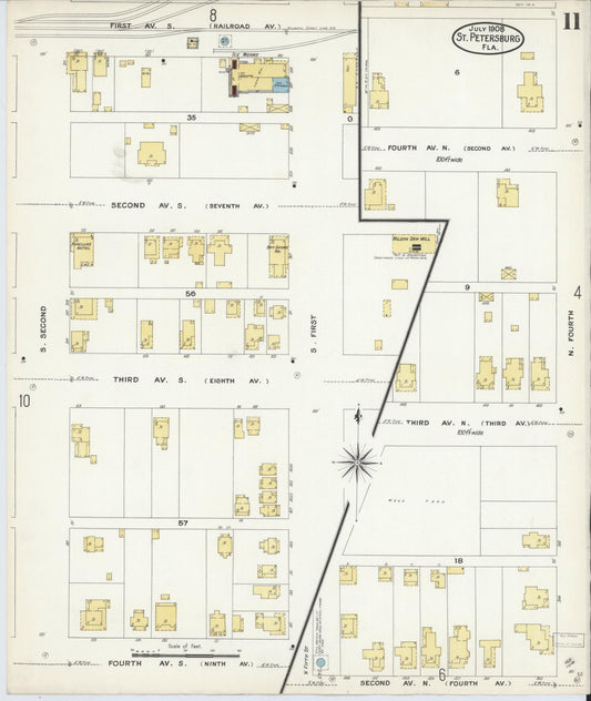 Sanborn Fire Insurance Map from Saint Petersburg, Pinellas County, Florida (1908), Sheet #0011 - Historic Sanborn Fire Insurance Map Print, vintage old map wall art, antique decor, genealogy gift, Florida Florida map