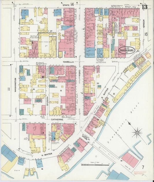 Sanborn Fire Insurance Map from Ogdensburg, St. Lawrence County, New York (1909), Sheet #0013 - Historic Sanborn Fire Insurance Map Print, vintage old map wall art, antique decor, genealogy gift, New York New York map