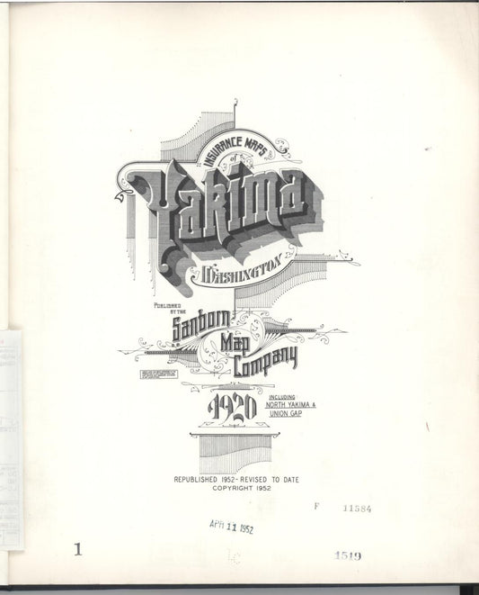 Sanborn Fire Insurance Map from Yakima, Yakima County, Washington (1952), Sheet #0001 - Historic Sanborn Fire Insurance Map Print, vintage old map wall art, antique decor, genealogy gift, Washington Washington map