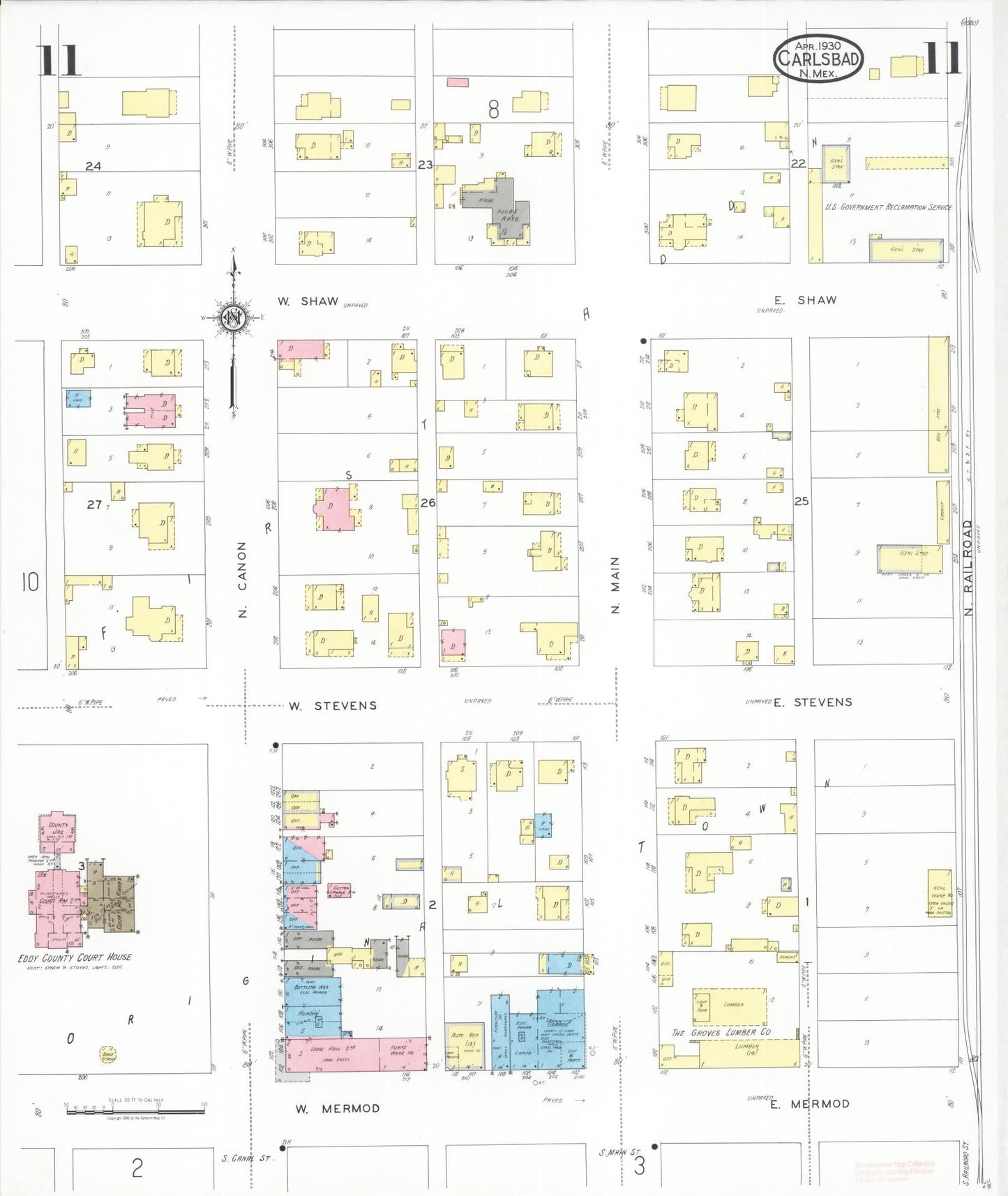 Sanborn Fire Insurance Map from Carlsbad, Eddy County, New Mexico (1930), Sheet #0011 - Complete Map Set gallery image, historic Sanborn map, vintage wall art, New Mexico New Mexico