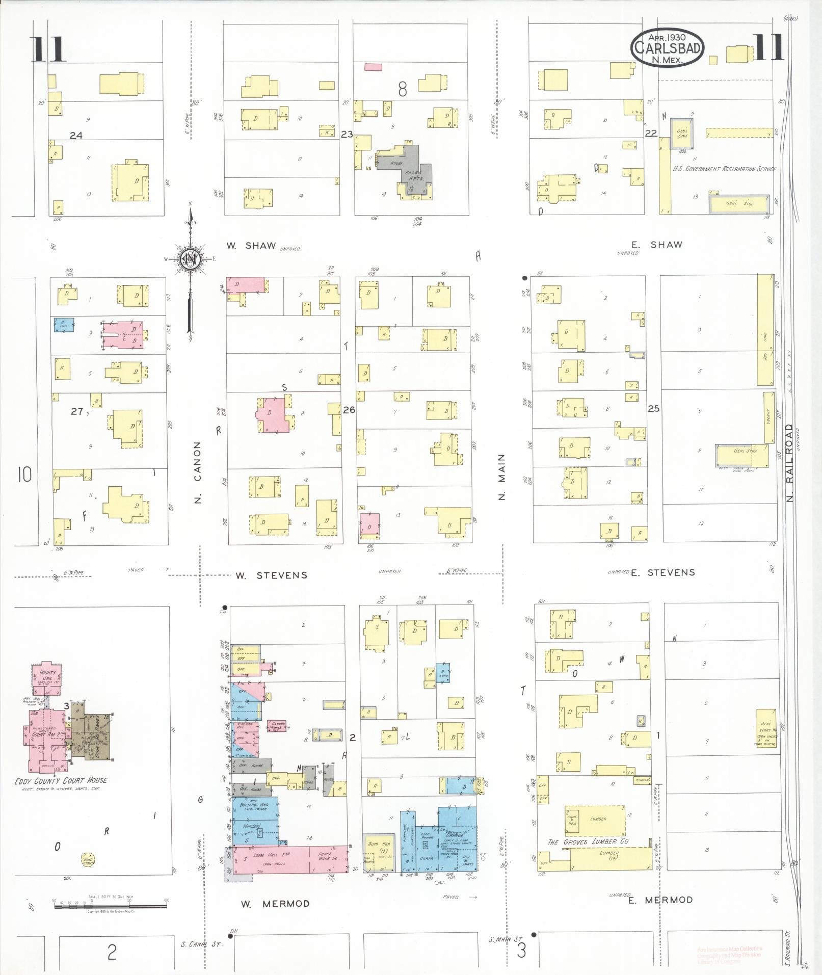 Sanborn Fire Insurance Map from Carlsbad, Eddy County, New Mexico (1930), Sheet #0011 - Complete Map Set gallery image, historic Sanborn map, vintage wall art, New Mexico New Mexico