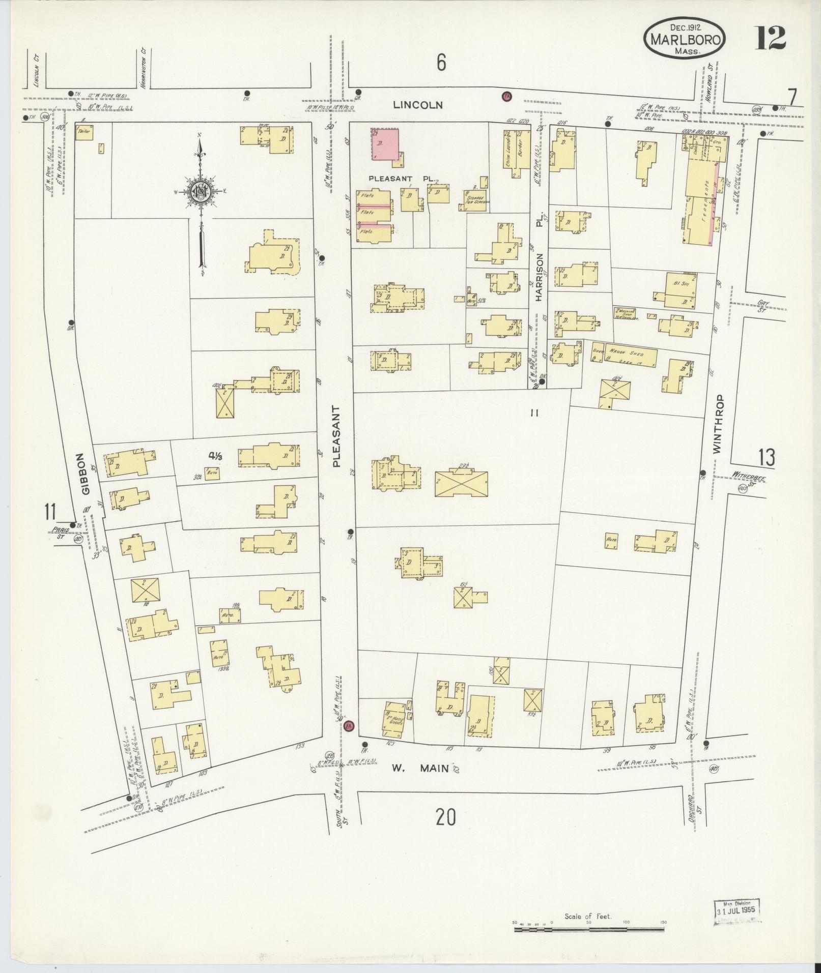Sanborn Fire Insurance Map from Marlborough, Middlesex County, Massachusetts (1912), Sheet #0012 - Historic Sanborn Fire Insurance Map Print, vintage old map wall art, antique decor, genealogy gift, Massachusetts Massachusetts map