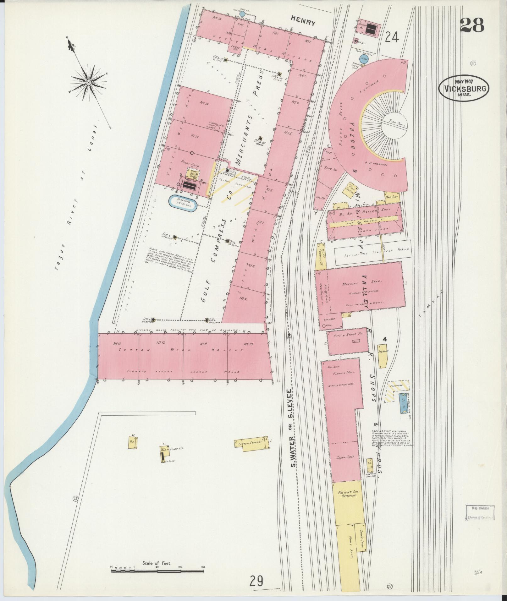 Sanborn Fire Insurance Map from Vicksburg, Warren County, Mississippi (1907), Sheet #0028 - Historic Sanborn Fire Insurance Map Print, vintage old map wall art, antique decor, genealogy gift, Mississippi Mississippi map