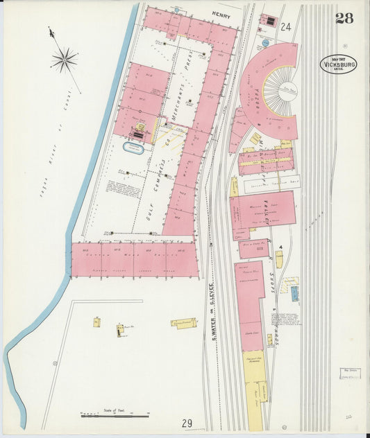 Sanborn Fire Insurance Map from Vicksburg, Warren County, Mississippi (1907), Sheet #0028 - Historic Sanborn Fire Insurance Map Print, vintage old map wall art, antique decor, genealogy gift, Mississippi Mississippi map