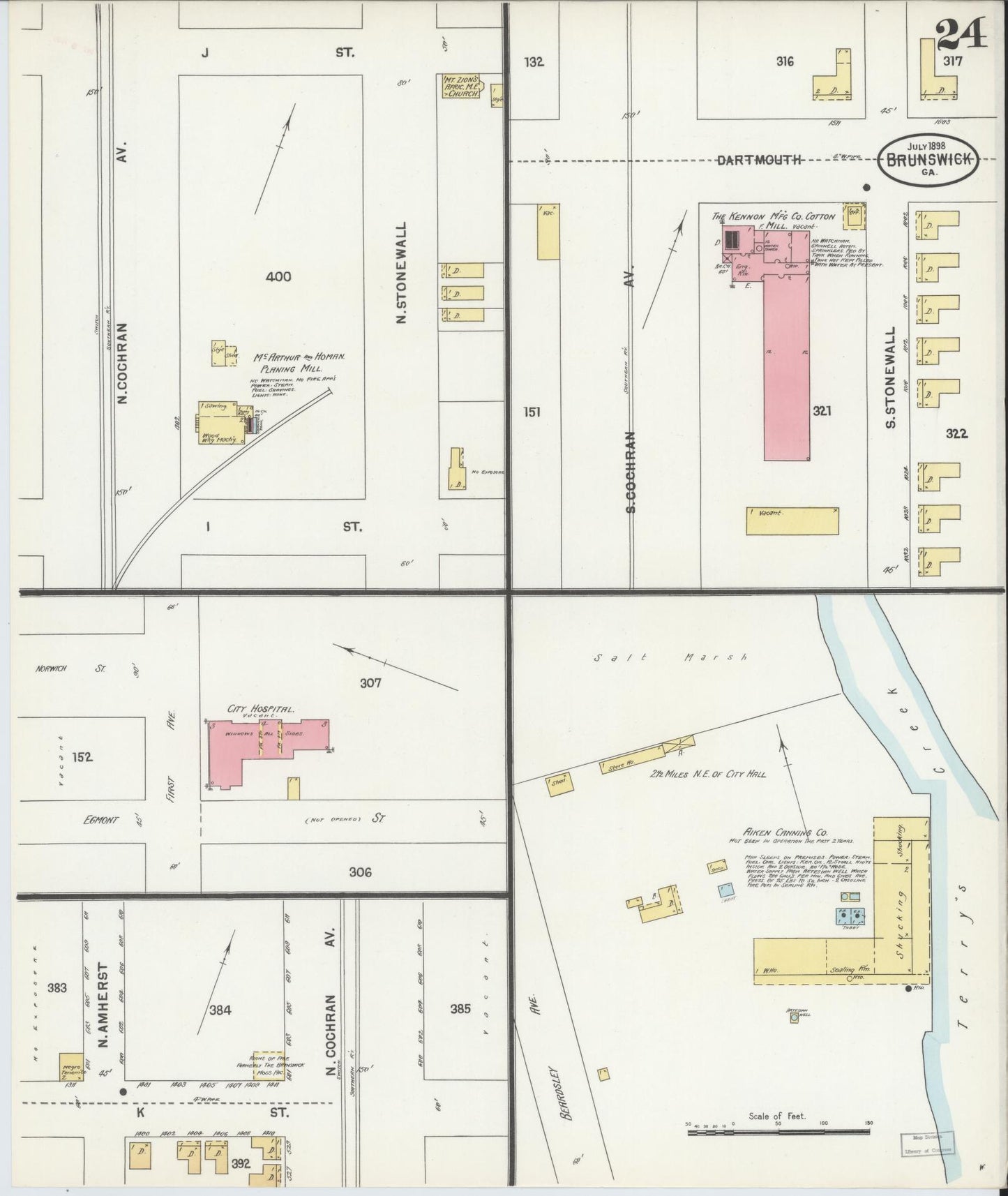 Sanborn Fire Insurance Map from Brunswick, Glynn County, Georgia (1898), Sheet #0024 - Complete Map Set gallery image, historic Sanborn map, vintage wall art, Georgia Georgia